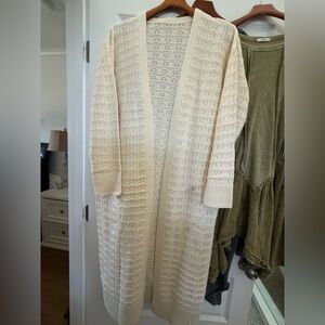 Open-Front Eyelet Knit Long Cardigan Sweater - Cream